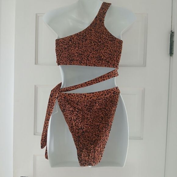 Missguided Tall High Leg Bikini Wrap Tie Style Crinkle Set Animal Print Size 6 - Picture 7 of 14